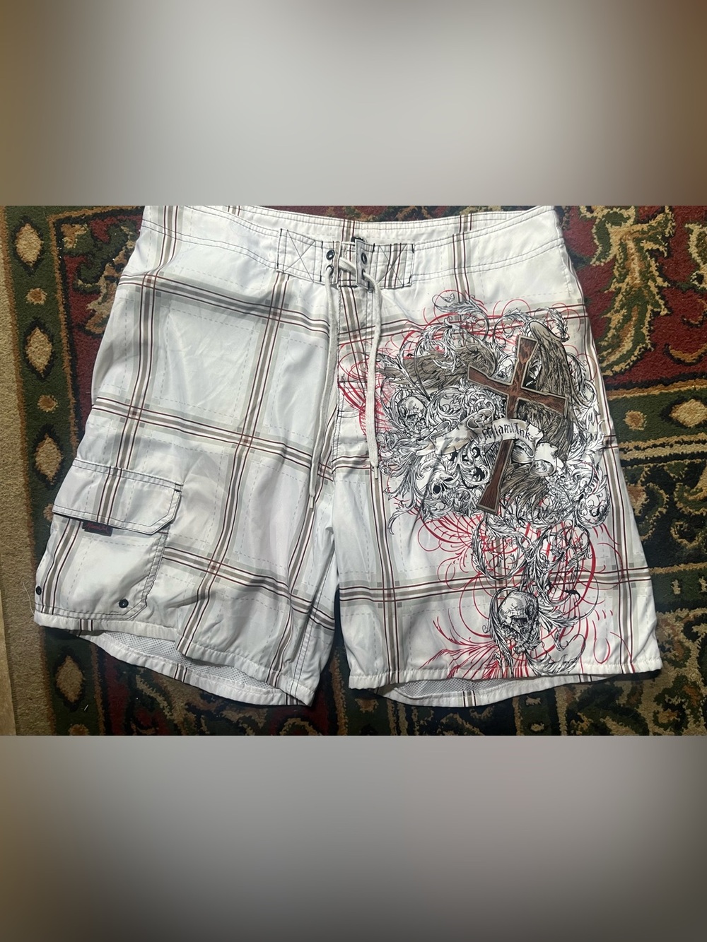 miami Plaid Swim Trunks in White, red and  Gray
